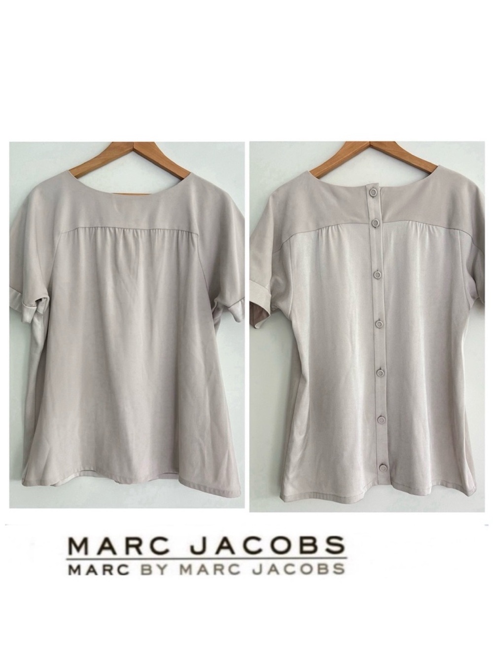 MARC by MARC JACOBS Taupe Front Pleated Crew Neck Short Sleeves Top Blouse Sz L